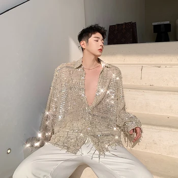 2024 Нова корейска мода секси мъжки ризи високо качество класически хлабав случайни дълъг ръкав реколта шик бутон нагоре върховете блуза E116