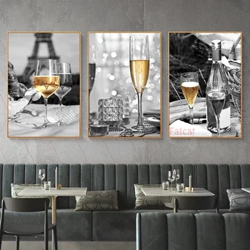 Луксозна вечеря на маса Шампанско флейти злато и черно стена изкуство диамант боядисани кръстат бод мозайка картина дома декор WE806