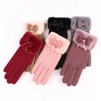 Плюшени жени ръкавици Bowknot декор жени зимата запази топло плюшени ръкавици открит езда студоустойчиви ръкавици есен зима дама ръкавици