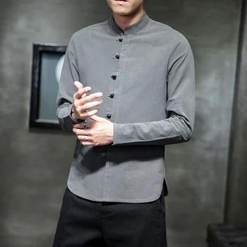 Мъжка мода плътен цвят стойка яка риза хлабав голям размер китайски стил младежка тенденция бизнес професионален връх