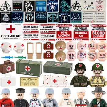 Градивни блокове Фигури на войника Подаръци Играчки Медицинска кутия Оборудване Каска главата раница Pringing MOC тухли носилка спринцовка