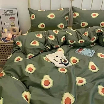 корейски стил зелен авокадо спално бельо Twin Full Queen King размер спално бельо момичета възрастни флорални легло плосък лист калъфка Kawaii