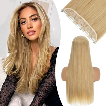 синтетичен 5 клип в удължаване на косата дълга права коса топлоустойчиви влакна 22Inch фалшива коса блондинка за жени прическа