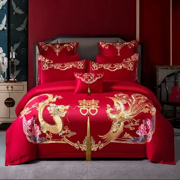 2023 висок клас златен Loong Феникс бродерия китайски сватба червен памук легла комплект луксозни юрган покритие легло лист калъфки