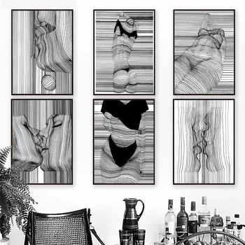 Абстрактен черно-бял платно живопис скица линия чертане вълна плакат и модерна мода отпечатъци стена арт картини за дома декор