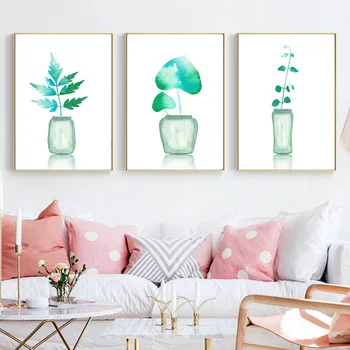 Модерен стил прозрачна ваза и цветни листа платно живопис растителни плакати и отпечатъци стена снимки за хол декор