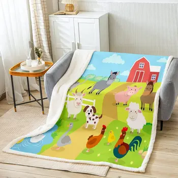 Farm Animal Sherpa Blanket Pig Dog Cow Goat Duck Fleece Throw Blanket for Bed Sofa Couch Kids Ultra Soft Rustic