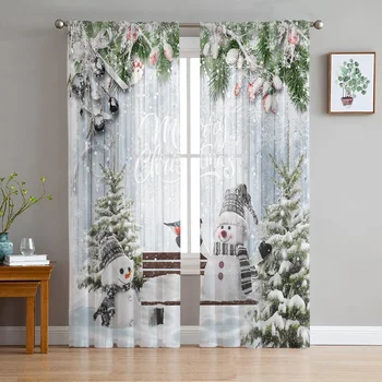 Коледа снежен човек Холи Бери шифон отвесни завеси за хол спалня кухня декорация прозорец Voiles тюл завеса