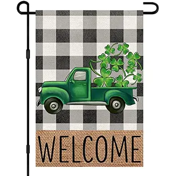 Добре дошли Свети Патрикс Ден Градинско знаме 12x18 инча Двустранен зебло, камион Lucky Shamrocks Знак Селска къща двор Външен декор