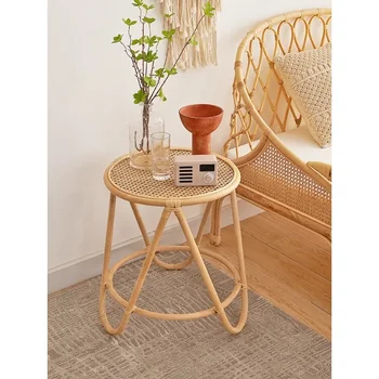 Малка маса за чай, проста кръгла, престой в дом, ръчно изработени столове за хранене, комбиниран ратанов стол, екран