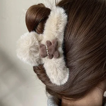 Зимна карикатура плюшена коса нокът елегантен акрил фиби изкуствена кожа щипка за коса шнола раци шапки за жени момиче коса аксесоар