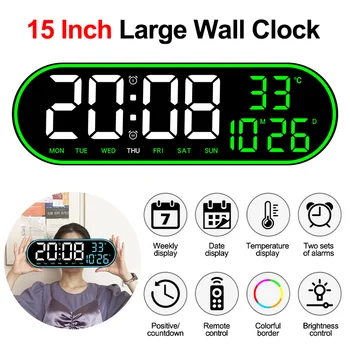 15 инча голям стенен часовник дистанционно управление цифров будилник електронен двоен аларми темп дата час седмица дисплей 12/24H LED часовник
